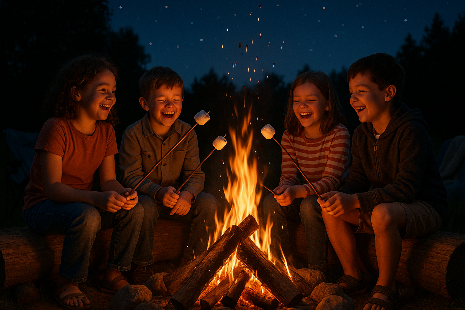 Kids roasting marshmellows around a bonfire